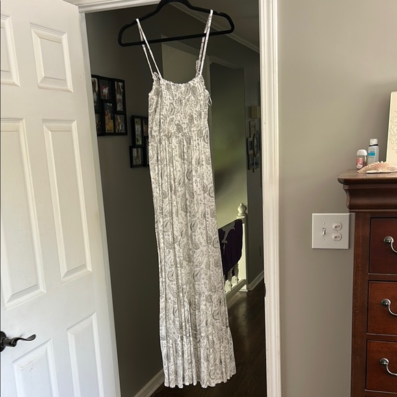 Gray and White Tiered Pleated Maxi Sundress - Picture 1 of 5